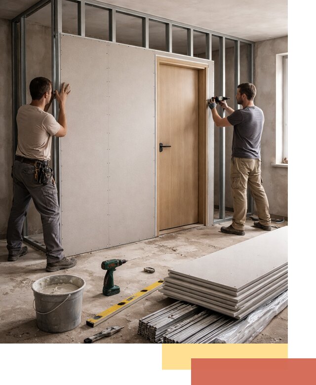 Перегородка из гипсокартона с дверью под ключ в Салавате