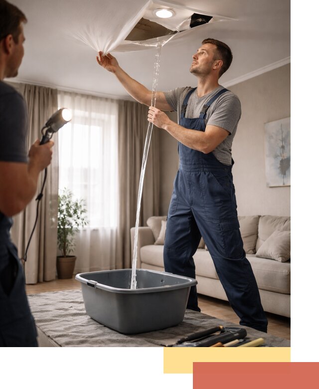 Слив воды с натяжного потолка в Салавате быстро и аккуратно